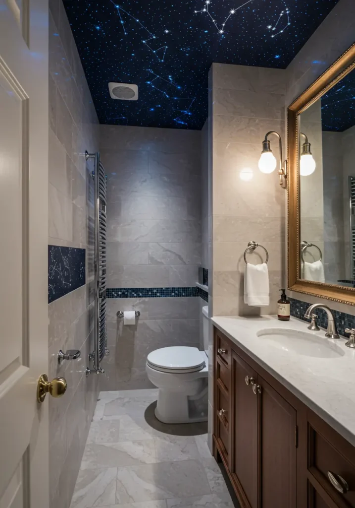 For stargazers and dreamers, this powder room becomes a personal observatory celebrating the mystery and beauty of the cosmos. Deep colors and celestial elements create a space for contemplation and wonder.
