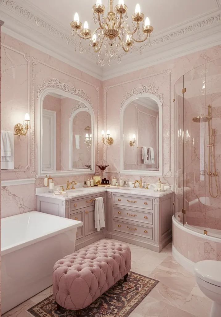 Drawing from the grandeur of crystal palaces and royal chambers, this design creates the ultimate feminine luxury bathroom using genuine crystals, precious metals, and opulent materials to craft a truly regal experience.