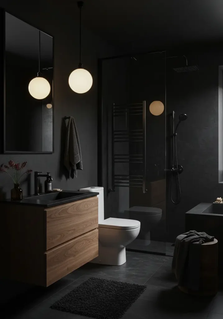Challenging traditional Scandinavian light palettes, this design embraces dramatic darkness while maintaining Nordic functionality and natural material appreciation.