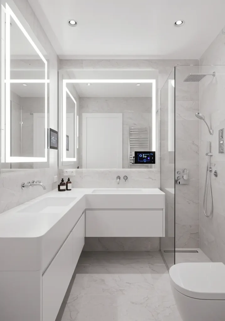 Blending cutting-edge technology with zen principles, this design creates a serene space where high-tech functionality serves mindful living and wellness.