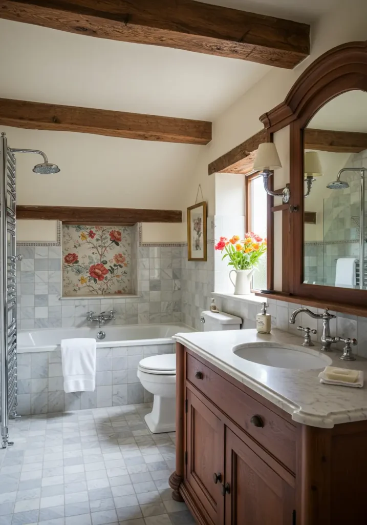 Channeling the romance of English countryside cottages, this design maximizes vertical space while incorporating vintage florals and traditional elements.