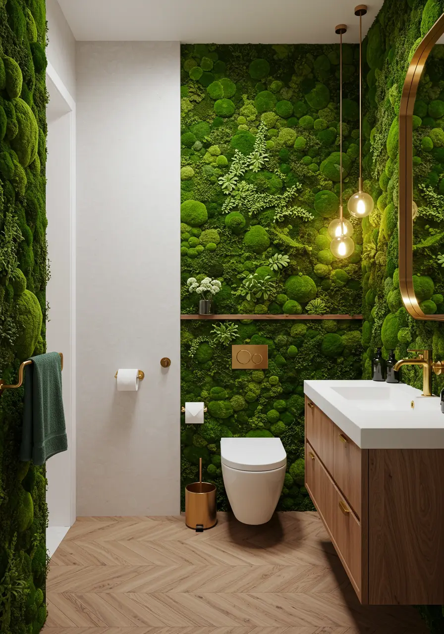 Responding to 2025's wellness-focused design movement, this concept incorporates preserved moss wallpaper that brings authentic natural texture indoors. The installation creates a living wall effect without maintenance requirements, promoting mental wellness through biophilic design principles.