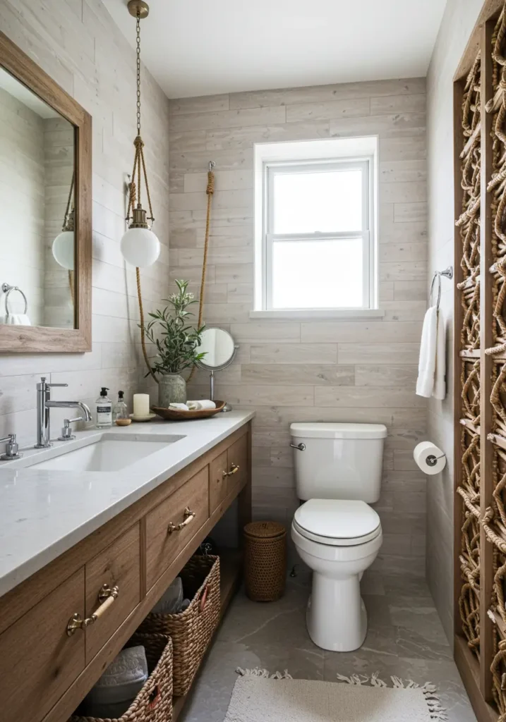 Inspired by weathered driftwood and serene beach mornings, this design brings the calming essence of coastal living into a compact space through natural textures and organic forms.