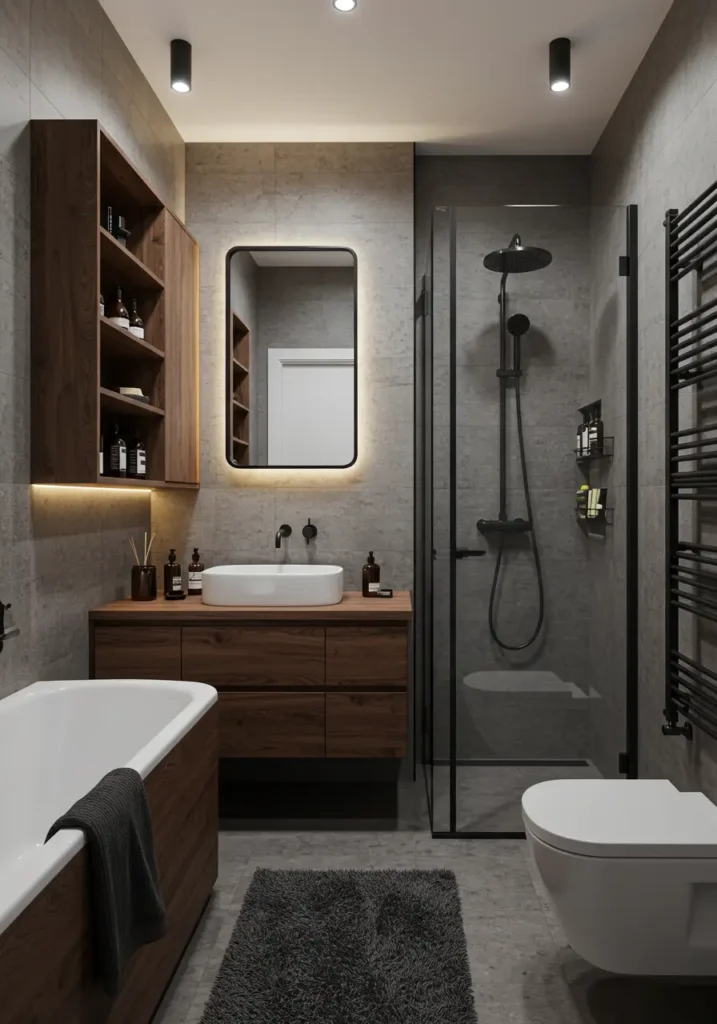 Inspired by converted loft apartments in Brooklyn, this design merges raw industrial elements with refined finishes to create an unexpectedly luxurious small bathroom experience.