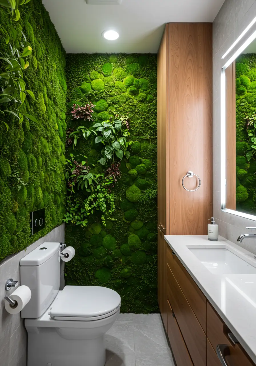 Biophilic design meets vertical gardening in this revolutionary concept that incorporates a living moss wall system, creating a natural air purification system within the powder room.