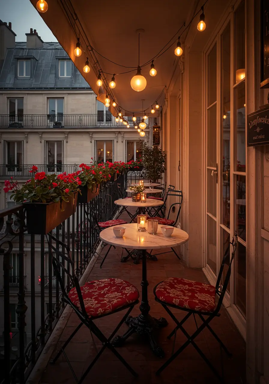 Capturing the timeless romance of Parisian sidewalk cafés, this design brings the City of Light's intimate dining culture to your personal balcony.