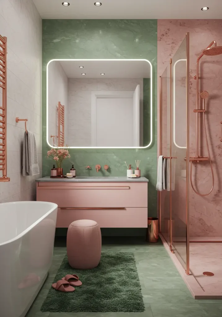 Combining the calming properties of sage green with the luxurious warmth of rose gold, this design creates a meditative space that embodies modern femininity through natural materials and clean lines.
