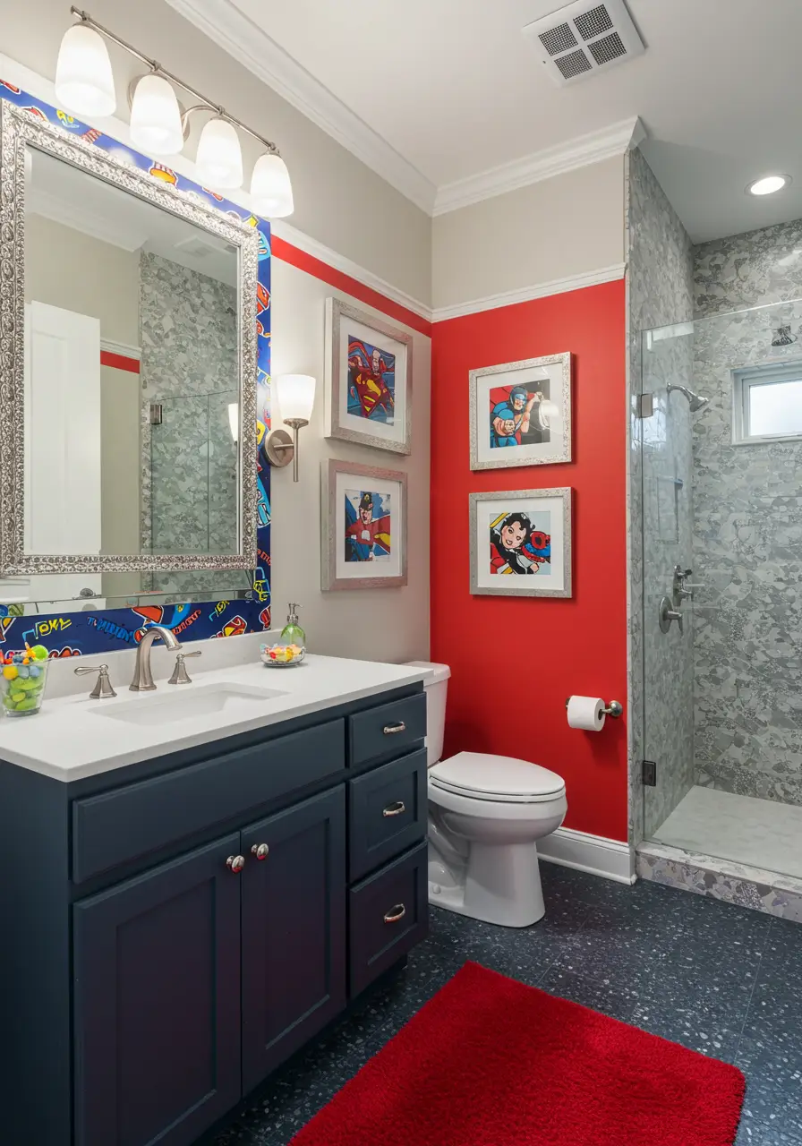 Designed for families with young children, this powder room celebrates childhood wonder while prioritizing safety and accessibility. The superhero theme encourages kids to use the space independently while maintaining sophisticated appeal for adults.