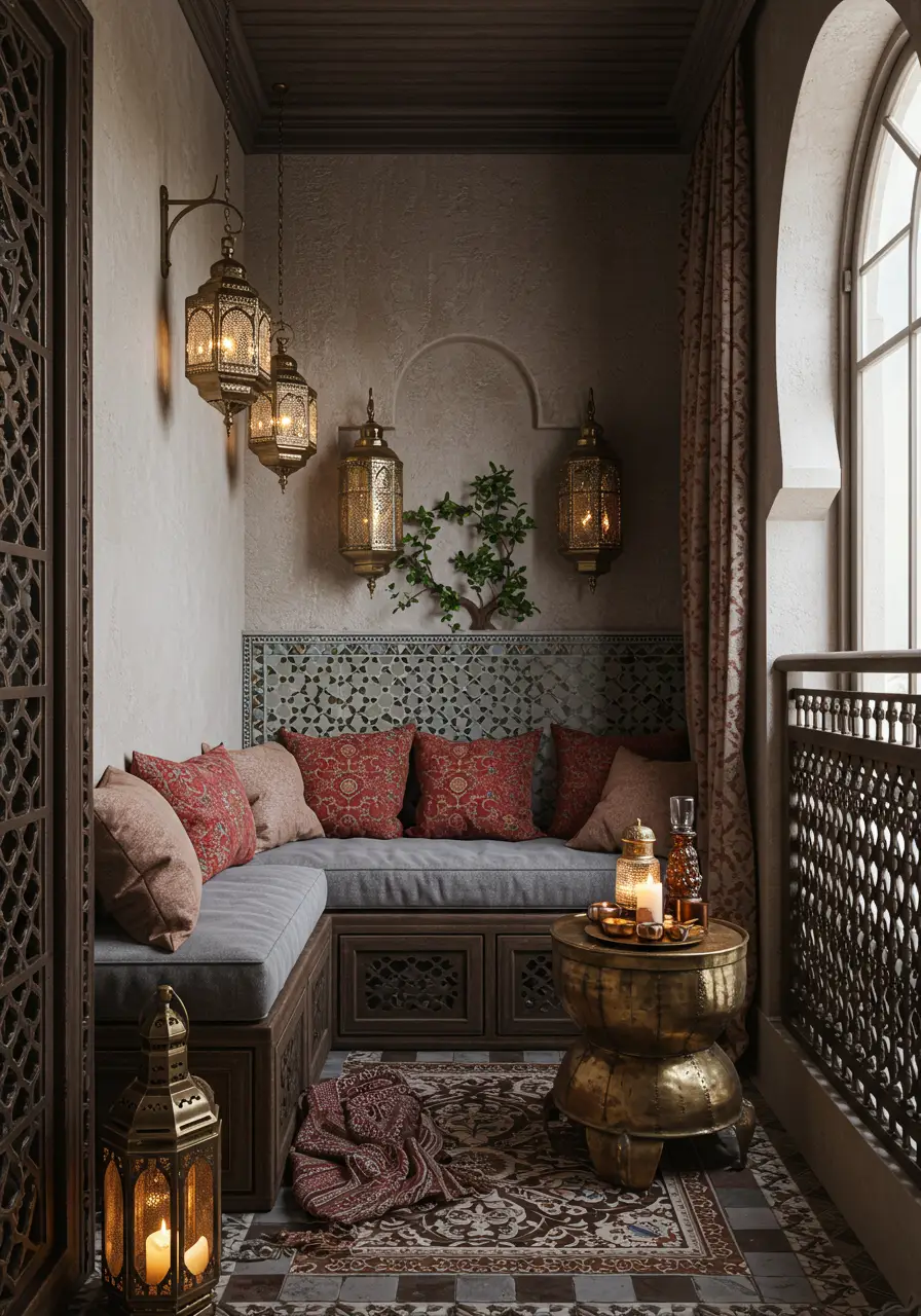 Inspired by traditional Moroccan riads, this design creates an exotic retreat using rich textures, warm colors, and space-saving furniture that transforms any small balcony into a bohemian sanctuary.