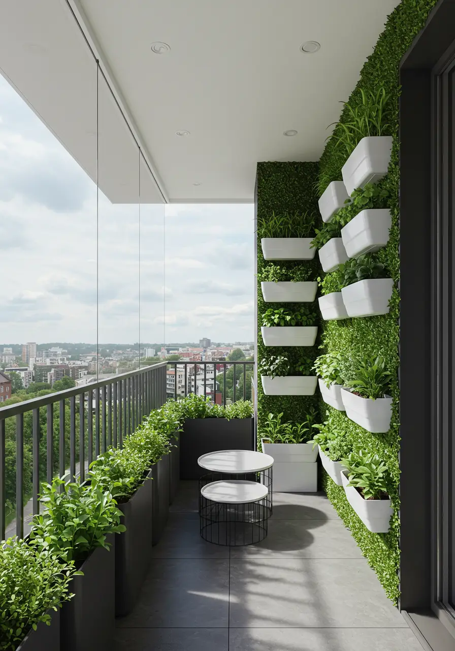 Inspired by biophilic design principles and urban farming trends, this concept maximizes vertical space to create a living wall of edible and ornamental plants while maintaining clean, organized aesthetics essential for mindful living.
