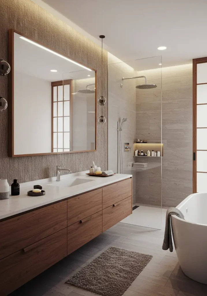 Drawing from traditional Japanese onsen culture, this design emphasizes natural materials and clean lines to create a meditative bathing experience. Perfect for the mindful homeowner seeking daily escape from urban stress through thoughtful design and natural textures.