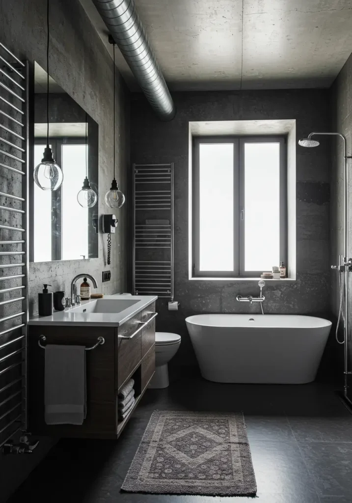 Celebrating urban loft living, this design embraces raw materials and exposed elements while maintaining functionality in a small footprint.