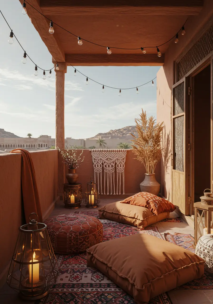This concept transforms your balcony into a mystical Moroccan sanctuary, drawing inspiration from the warm, earthy tones of desert landscapes and the rich textile traditions of North African design. The vision captures the essence of a secluded riad courtyard where ancient meets contemporary comfort.