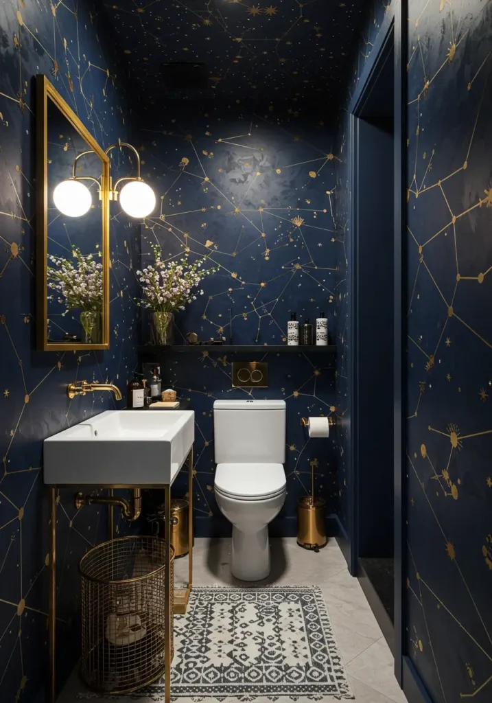 Inspired by astronomy and celestial mapping, this powder room transforms the intimate space into a stargazer's dream. The design incorporates constellation patterns in brass against deep navy walls, creating an otherworldly experience that's both sophisticated and whimsical.