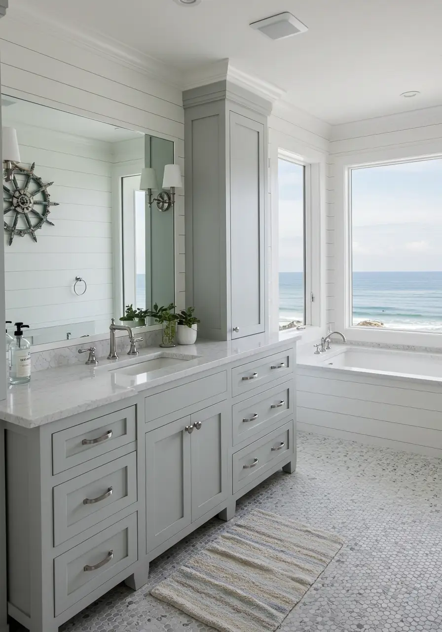 Merging contemporary design with seaside tranquility, this bathroom captures the essence of luxury beachfront living with organic textures and ocean-inspired elements.