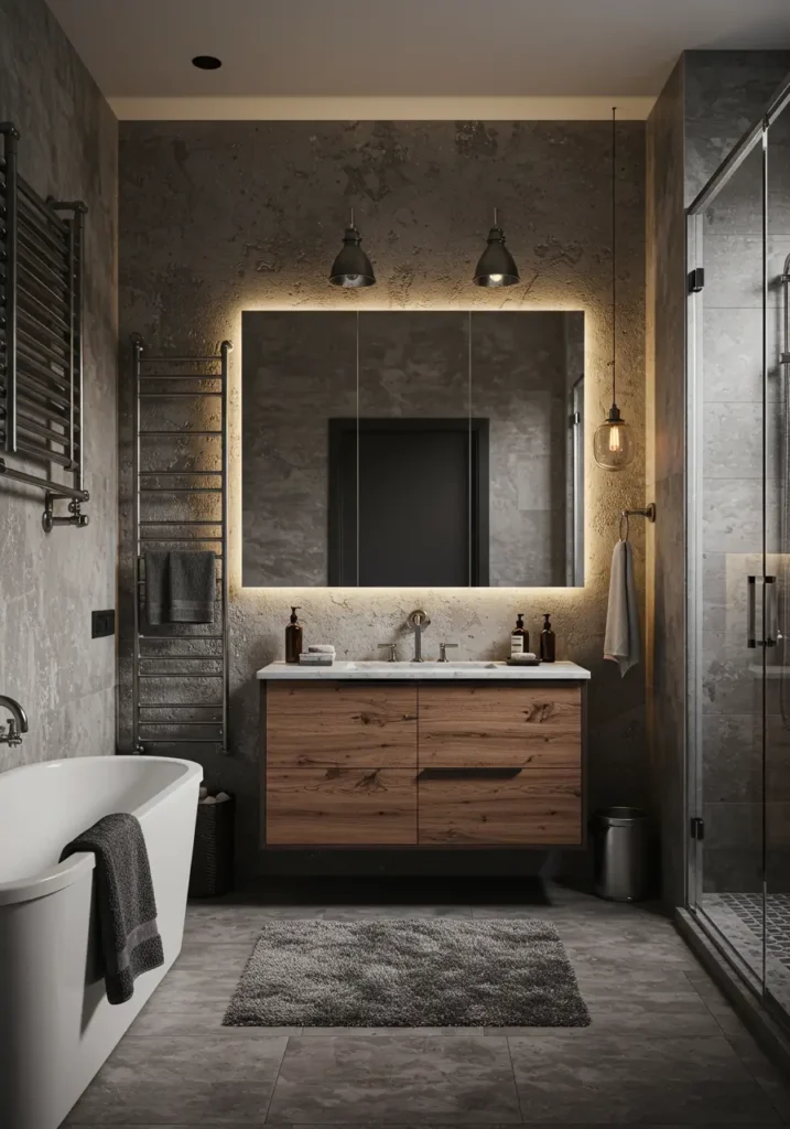 Transforming raw industrial elements into refined luxury, this concept appeals to urban professionals who appreciate authentic materials with sophisticated finishes. The design celebrates exposed infrastructure while maintaining spa-like comfort and functionality.