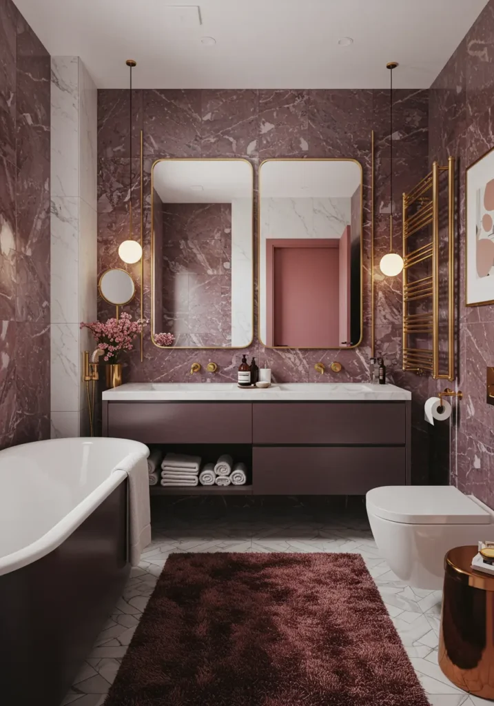 This daring concept embraces the maximalist trend with rich jewel tones and layered patterns. Drawing inspiration from opulent Persian textiles and Art Deco glamour, this design proves that bathrooms can be dramatic showpieces while remaining highly functional for modern living.