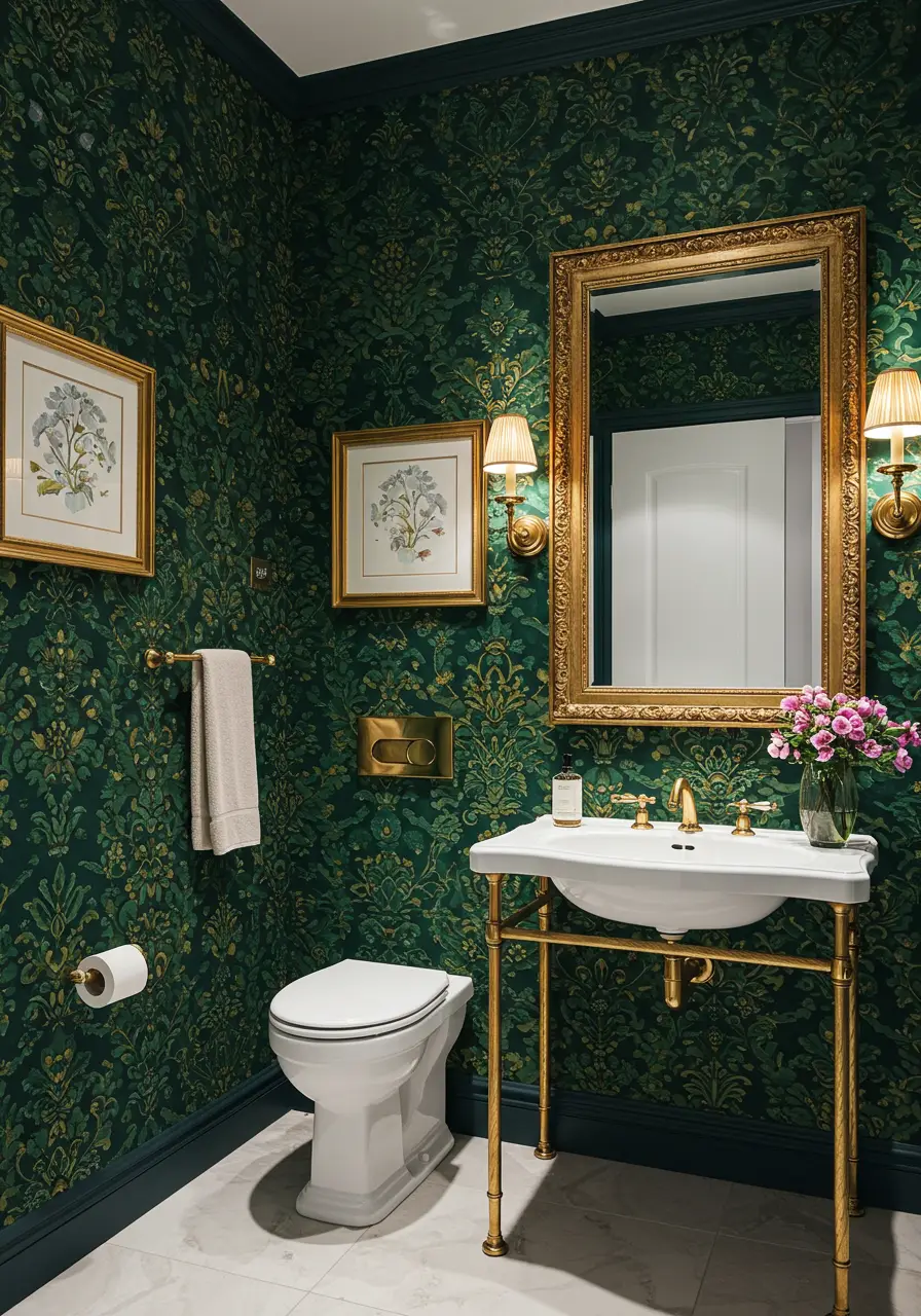 This opulent concept celebrates 2025's return to maximalist luxury, featuring sumptuous velvet damask wallpaper in deep emerald with gold metallic threading. The design creates an intimate, jewelry box-like atmosphere that transforms the powder room into a dramatic focal point.