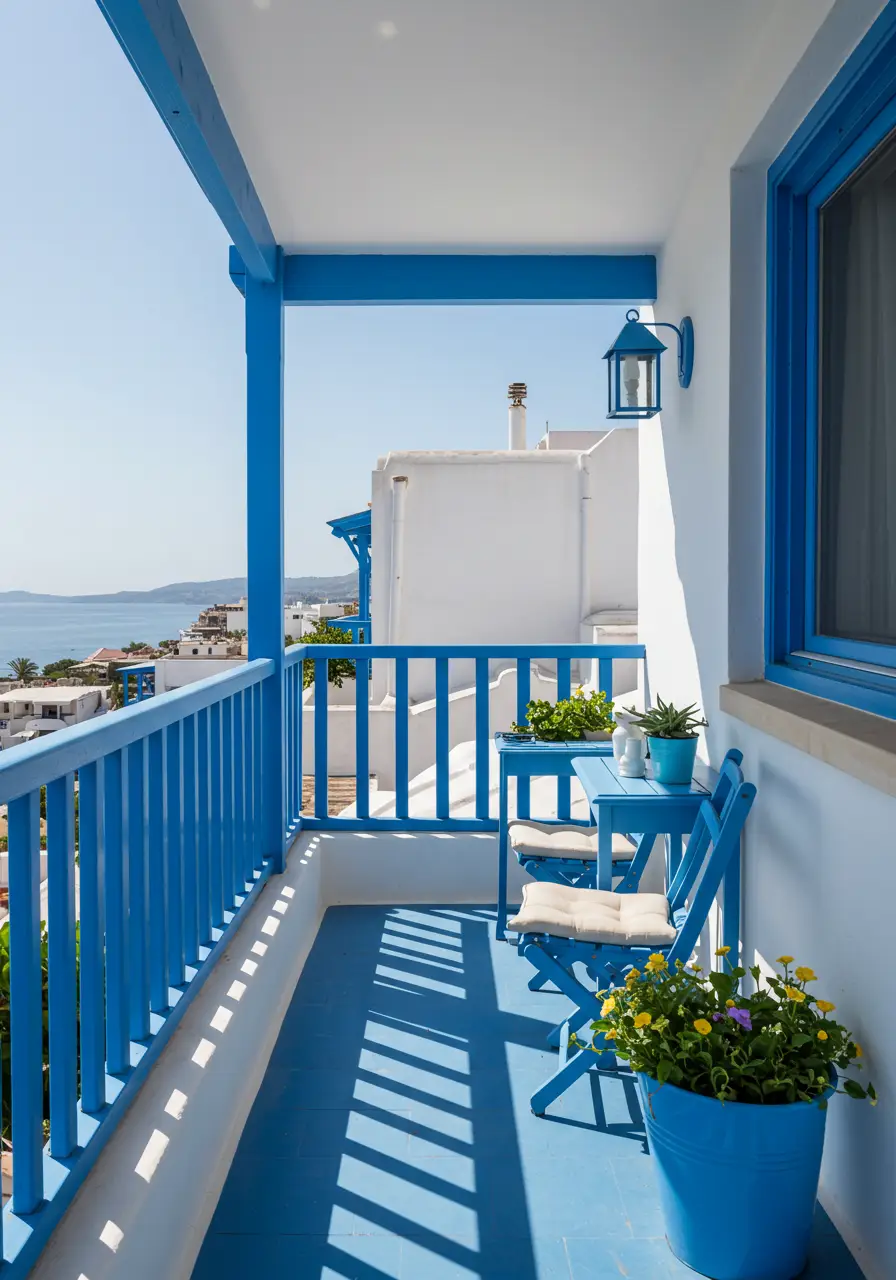 Channeling the sun-soaked terraces of the Greek islands, this design brings Mediterranean charm to urban living with whitewashed surfaces and azure accents.