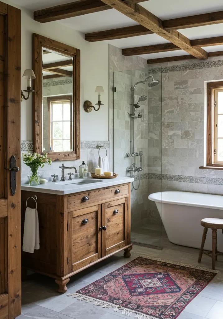 Blending countryside charm with contemporary convenience, this design uses reclaimed materials and vintage-inspired fixtures for authentic farmhouse appeal.