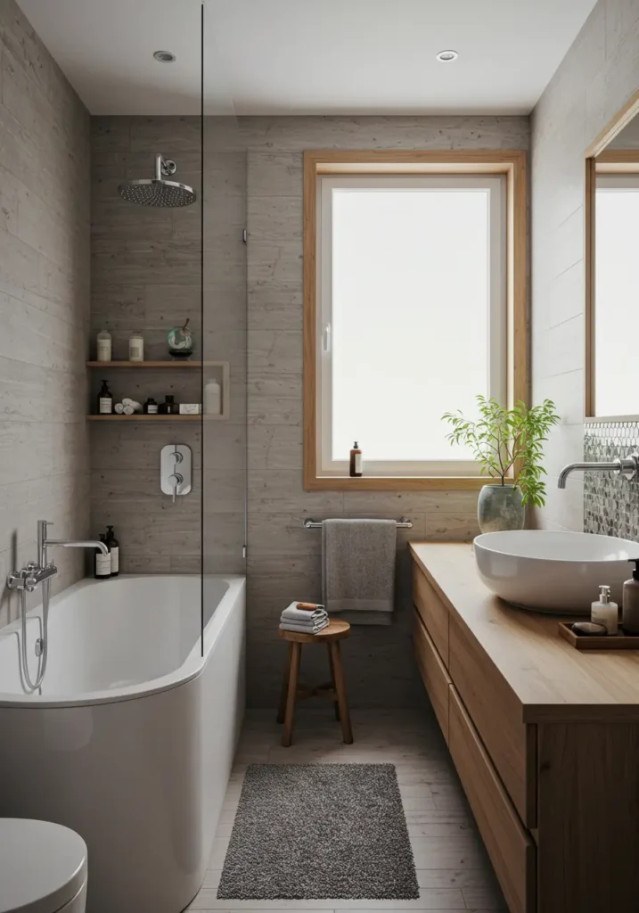 Channeling the serene beauty of Nordic wellness retreats, this concept emphasizes natural materials, clean lines, and a connection to nature within a compact footprint.