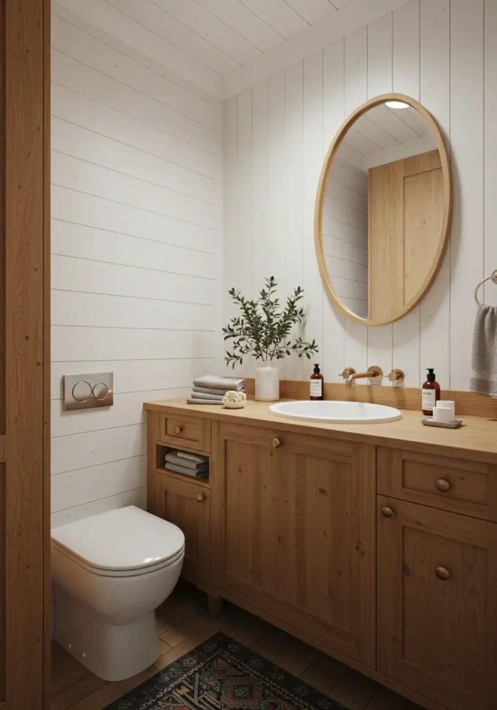 Drawing from Nordic wellness traditions, this powder room emphasizes natural materials, clean lines, and serene functionality. It creates a calming retreat that promotes mindfulness and relaxation in everyday moments.