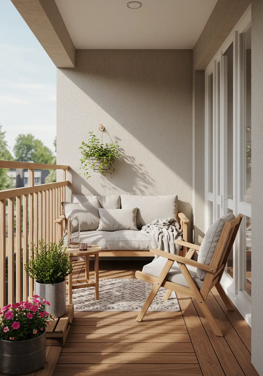 Clean lines and functional beauty define this concept, focusing on light woods, neutral tones, and multi-purpose furniture that makes a small balcony feel spacious and serene.