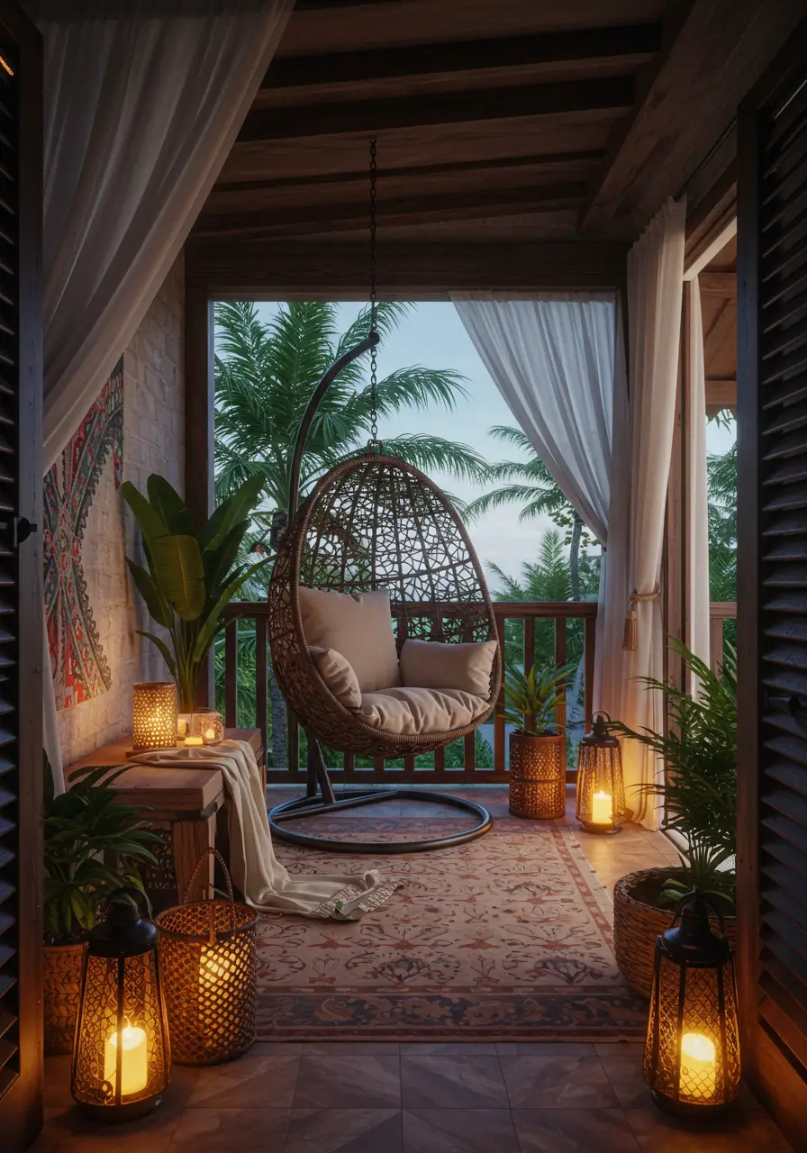 Evoking the serene beauty of a private beach resort, this design transforms your balcony into a lush tropical sanctuary for intimate moments.