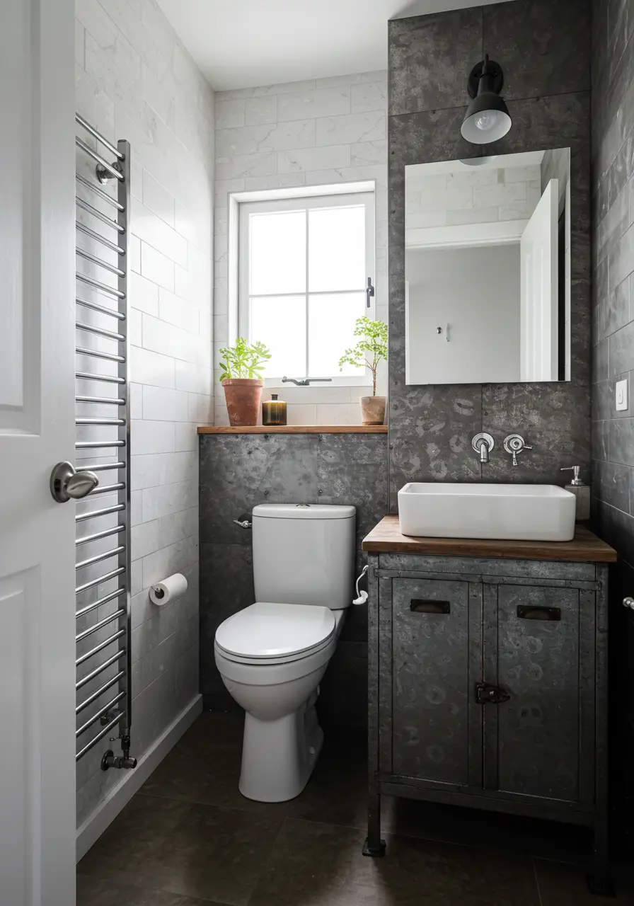 This design celebrates the beauty of industrial waste by transforming discarded materials into functional art pieces, creating a powder room that tells a story of environmental consciousness.