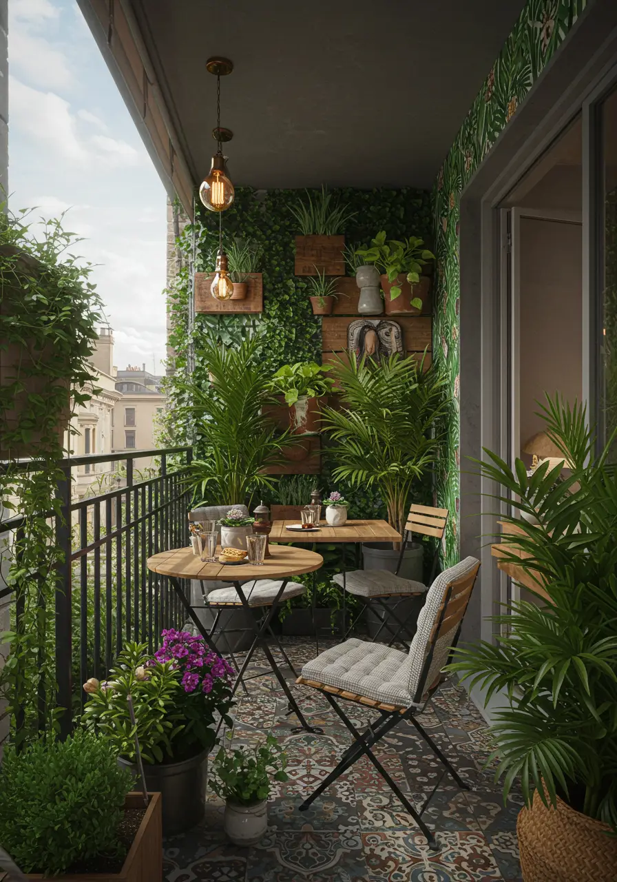 Channeling the energy of trendy urban cafés and tropical conservatories, this design transforms a compact balcony into an indoor-outdoor dining experience surrounded by lush greenery.