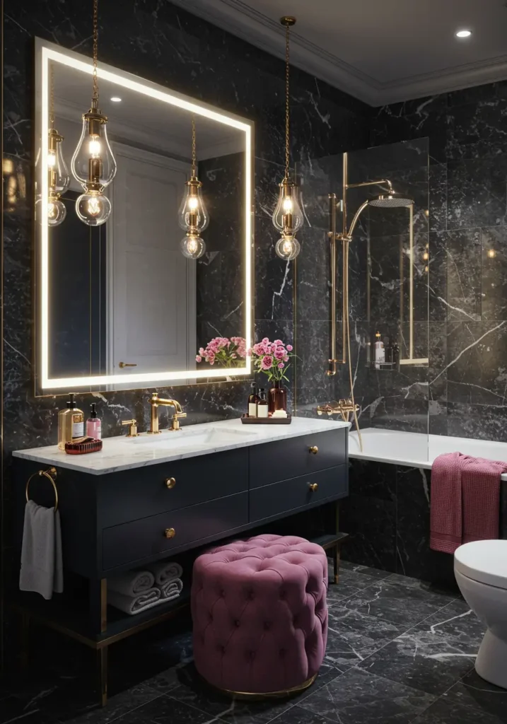 This concept challenges traditional girly palettes by embracing deep, moody tones while maintaining feminine elegance through luxurious textures and metallic accents that create an intimate, boutique hotel atmosphere.