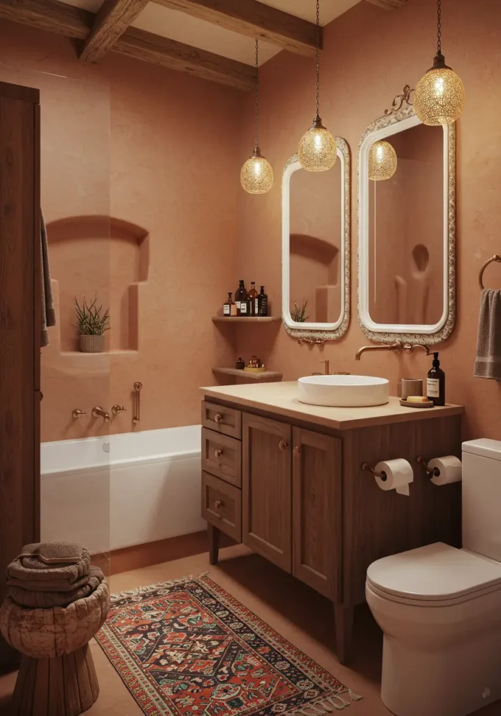 Evoking the mystique of desert landscapes and nomadic travels, this design layers textures and warm tones to create an exotic retreat.