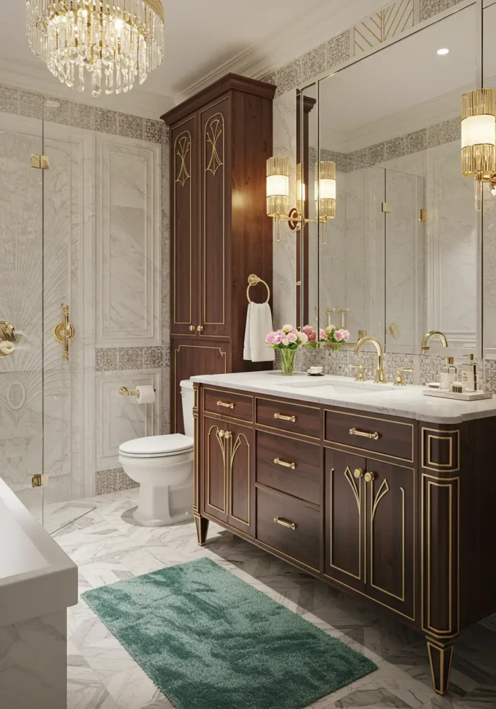 Channeling the opulence of 1920s Hollywood, this design combines geometric patterns with luxurious materials for dramatic sophistication. Ideal for homeowners who appreciate theatrical elegance and aren't afraid to make bold design statements.
