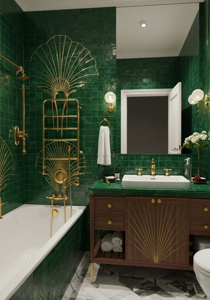 Celebrating the opulence of 1920s Art Deco design, this bathroom captures the glamour of luxury hotels from the golden age with geometric patterns and metallic finishes.