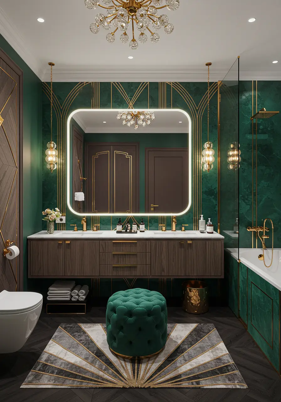 Channeling the opulence of 1920s luxury hotels, this design combines geometric patterns, rich materials, and dramatic lighting to create a sophisticated evening retreat.