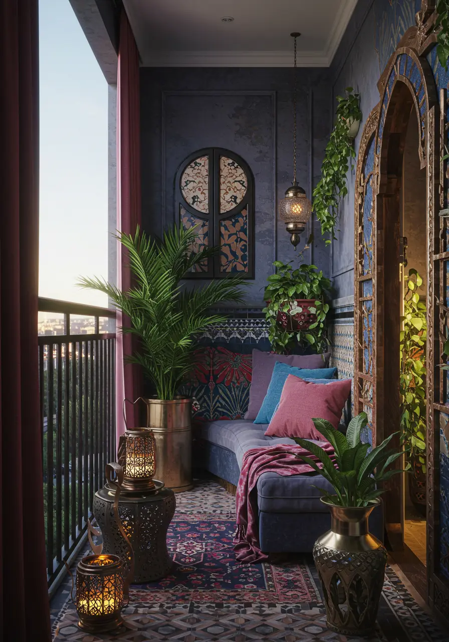 Drawing from the vibrant souks of Marrakech, this design transforms a cramped balcony into an exotic escape that feels like a private riad terrace.