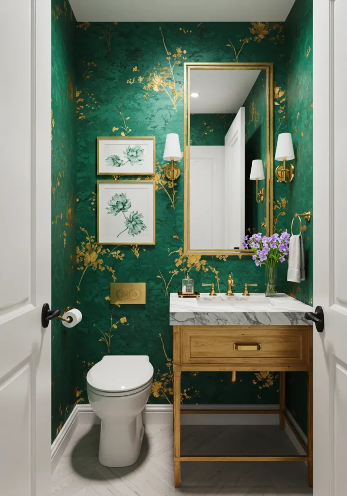 This luxurious concept draws from the opulence of Art Nouveau and the richness of emerald mining caves. The deep green palette paired with genuine gold leaf creates an environment that feels both natural and supremely refined, perfect for making a bold statement.