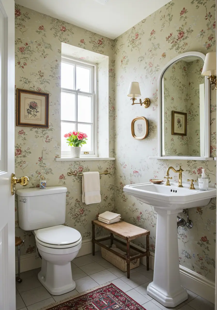 Evoking the charm of a Provence farmhouse, this powder room captures the essence of French countryside living with romantic florals, weathered textures, and time-worn elegance that makes guests feel welcomed into a storybook setting.