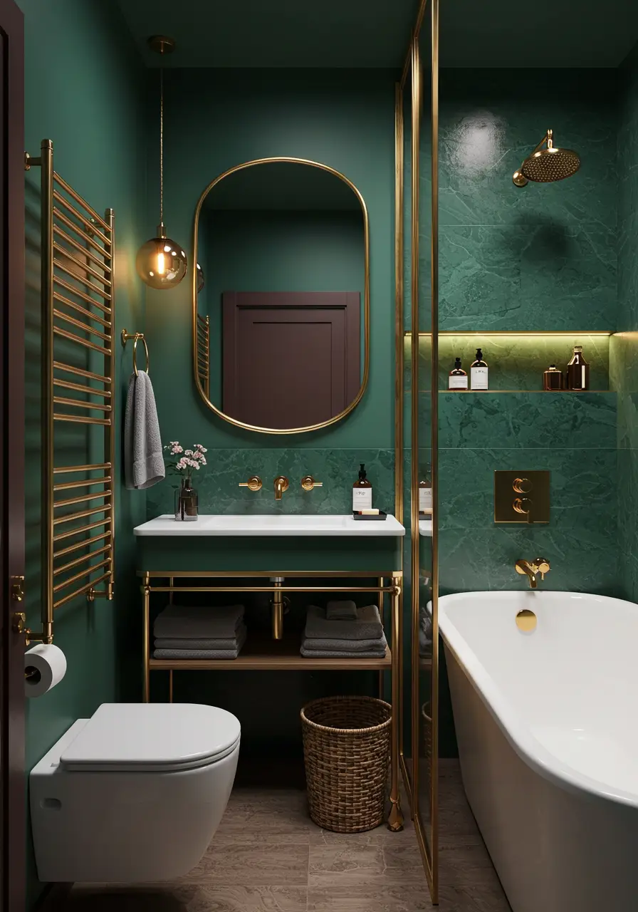 Breaking conventional small-space rules, this design celebrates bold patterns and rich colors. Designed for confident decorators who view their bathroom as a statement piece and conversation starter.