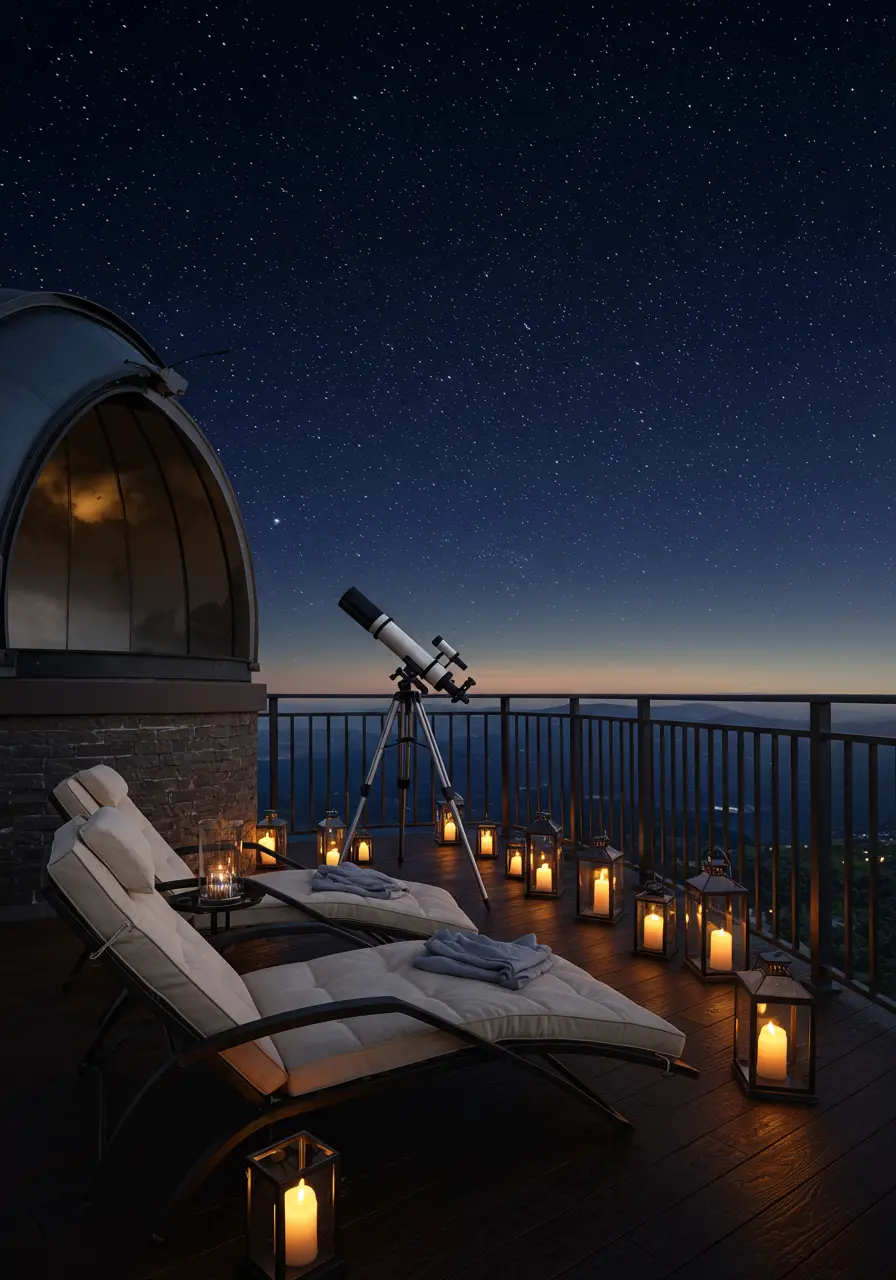 Designed for couples who find romance in the cosmos, this balcony creates the perfect celestial viewing experience with luxurious comfort.