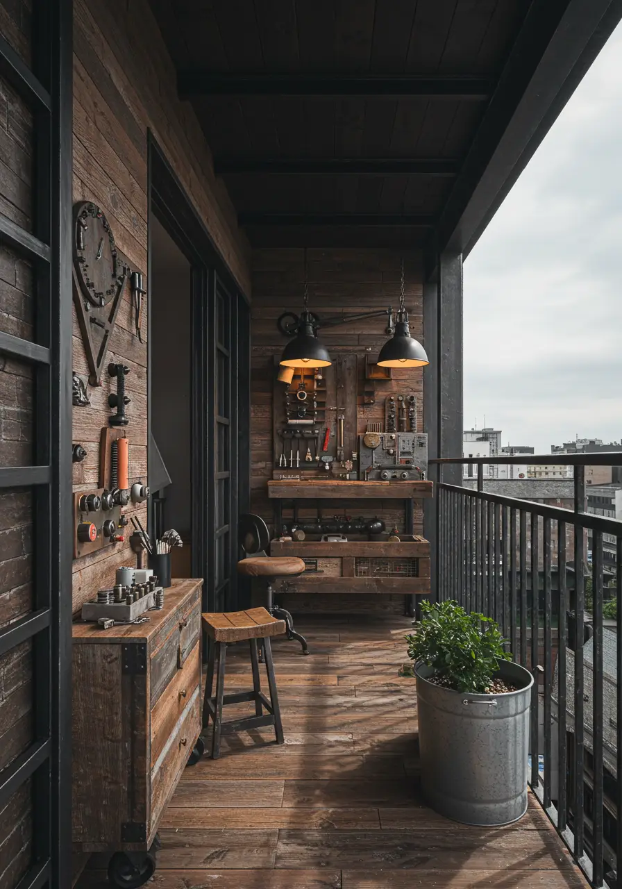 This concept merges urban industrial aesthetics with functional workspace design, perfect for small balconies where residents want both relaxation and a creative work area.