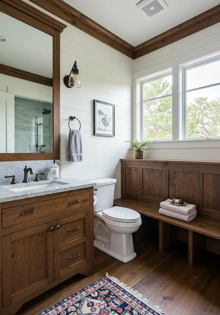 This innovative design combines powder room functionality with mudroom storage, perfect for busy families who need a transition zone between outdoor adventures and clean indoor spaces.