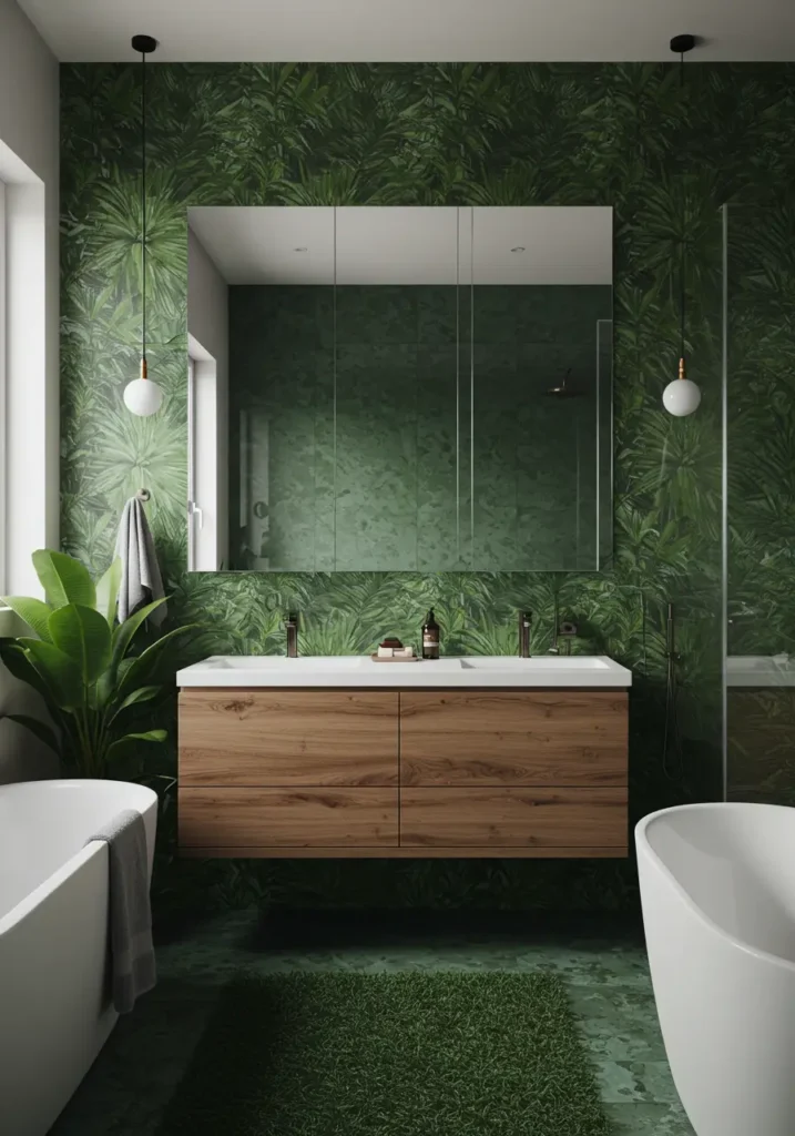 Transforming daily routines into a resort experience, this design brings lush rainforest vibes indoors through bold patterns and abundant greenery