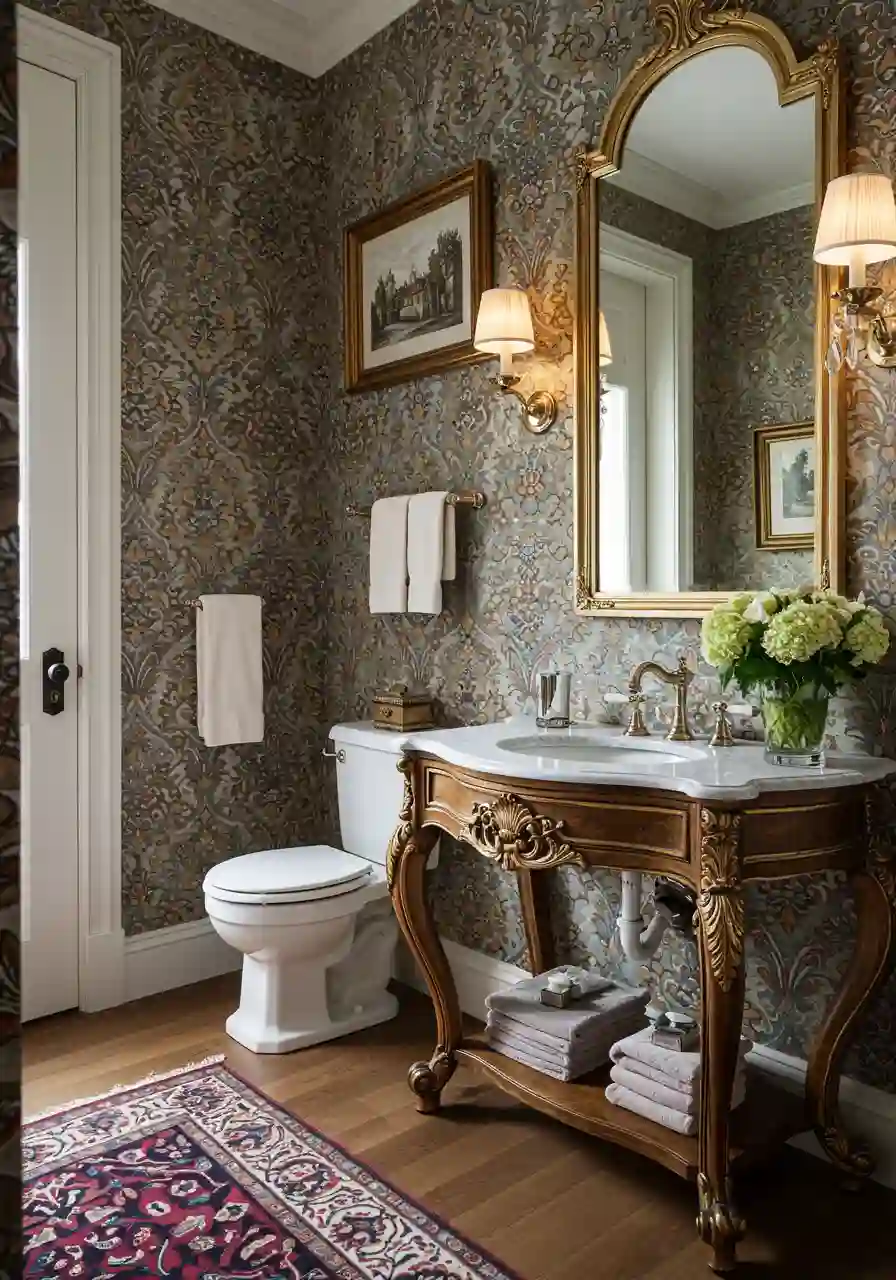 Channeling the grandeur of Victorian-era design, this powder room embraces rich colors, ornate patterns, and luxurious materials that speak to refined taste and attention to detail.