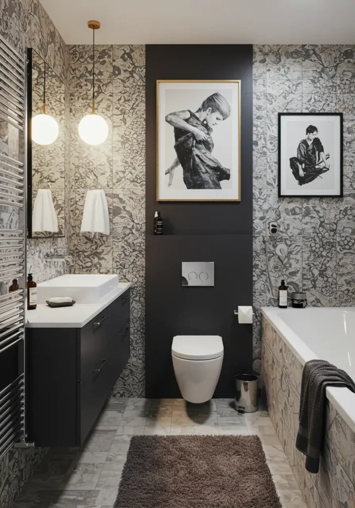 Challenging the notion that small spaces require minimal design, this bold concept treats the bathroom as a gallery showcasing pattern, color, and artistic expression.