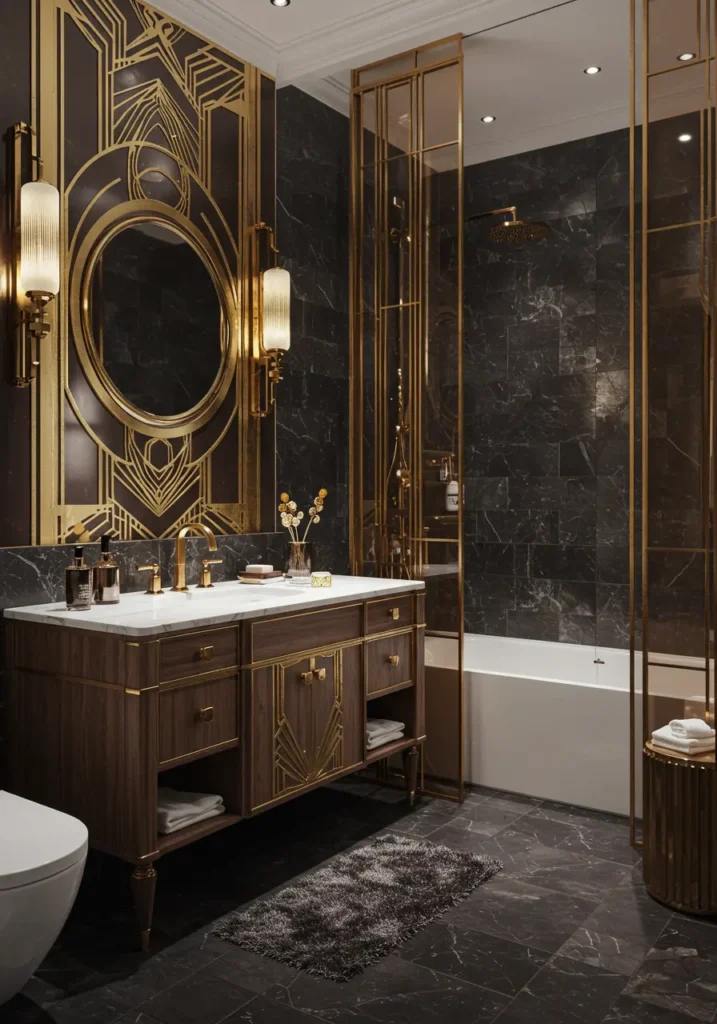 This concept channels the sophisticated glamour of the 1920s Art Deco movement with geometric patterns and metallic finishes. Perfect for homeowners who appreciate vintage sophistication but want modern functionality, this design creates a luxurious powder room experience.
