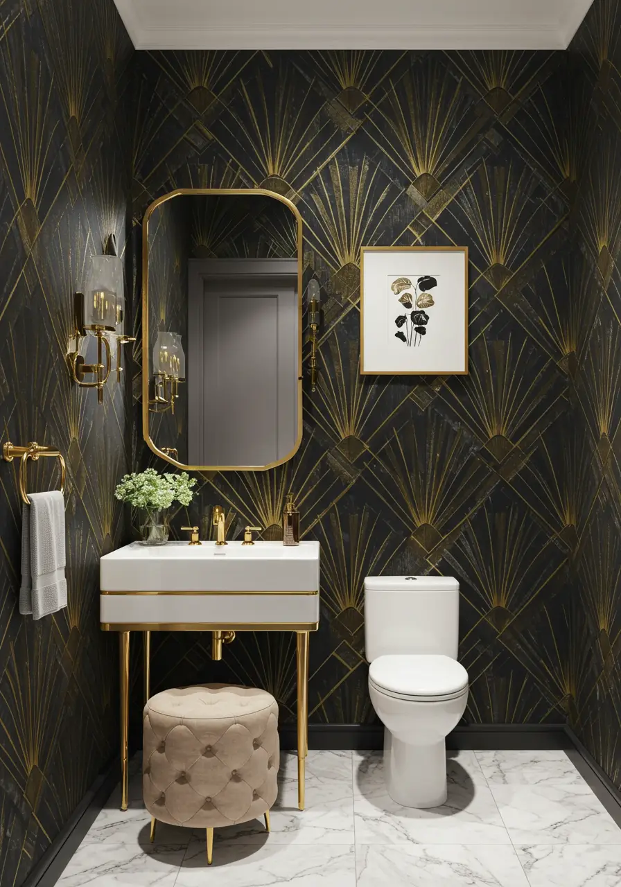 This sophisticated concept channels 2025's Art Deco renaissance with bold geometric wallpaper featuring metallic gold patterns on deep black backgrounds. The design creates dramatic contrast while maintaining timeless elegance through carefully balanced proportions.
