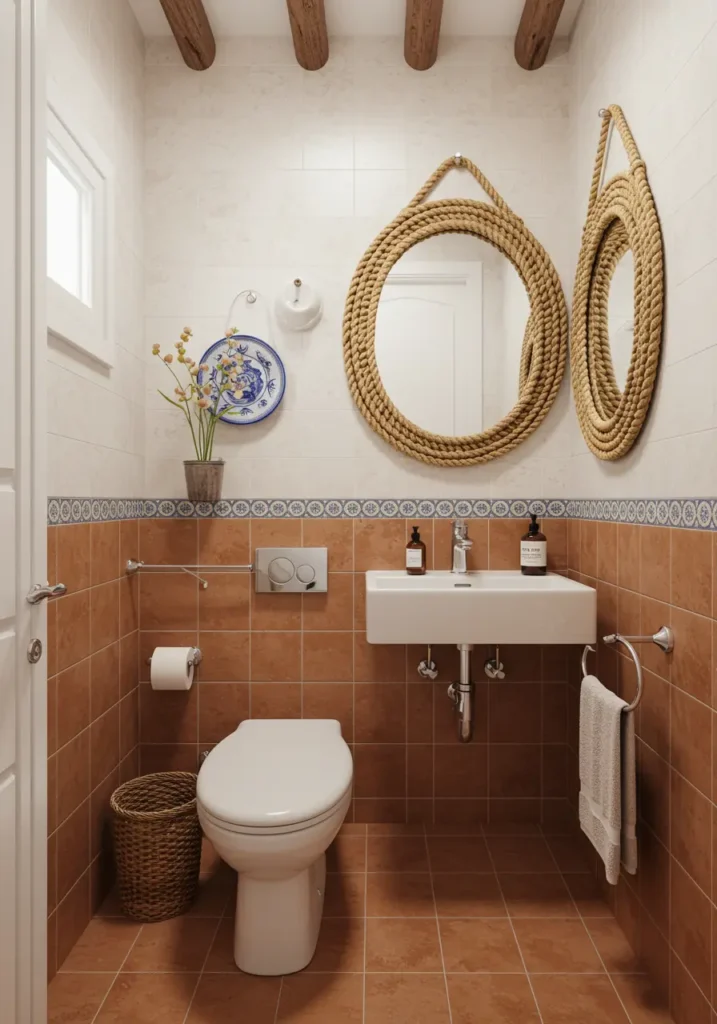 Evoking the sun-drenched coastlines of the Mediterranean, this design brings warmth, texture, and seaside serenity to your powder room. Natural materials and ocean-inspired colors create an instant vacation feeling.