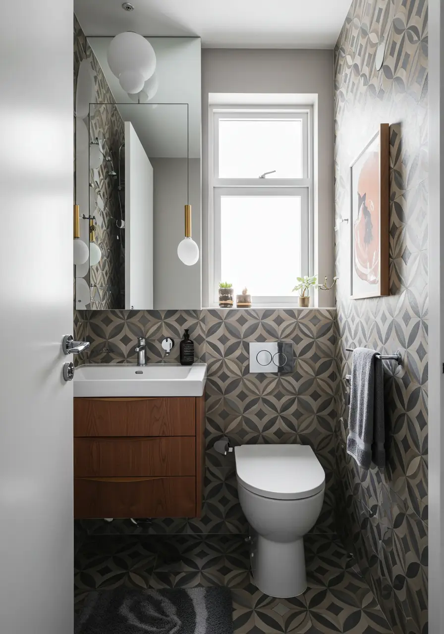 Celebrating the optimistic design spirit of the 1950s and 60s, this powder room features bold geometric patterns, warm wood tones, and atomic-age inspired elements that transport guests to the golden age of American design innovation.
