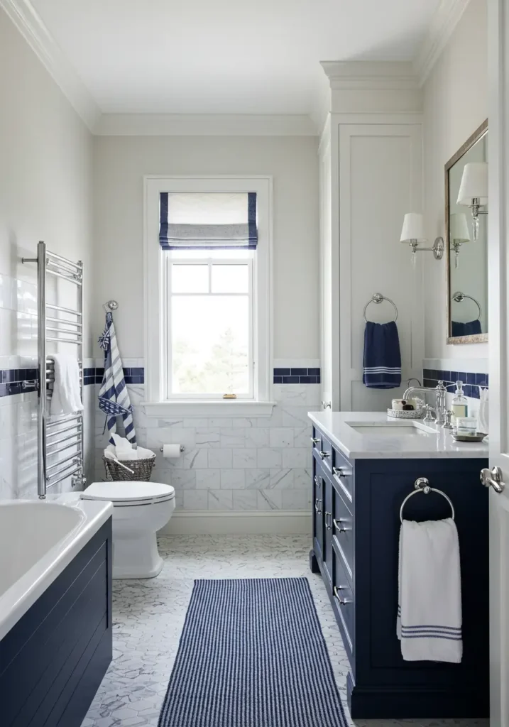 Drawing from classic East Coast summer homes, this design brings sophisticated coastal living to compact spaces through naval-inspired elements and crisp styling.